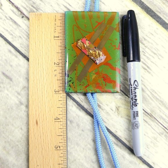 Abstract Green Bolo Tie OOAK Artist Signed Gold Collage Western Necklace - Picture 9 of 9